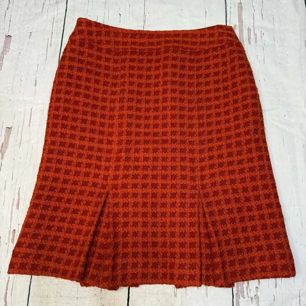 Carlisle‎ Wool Blend Check Burnt Orange Boucle Pleated Skirt
